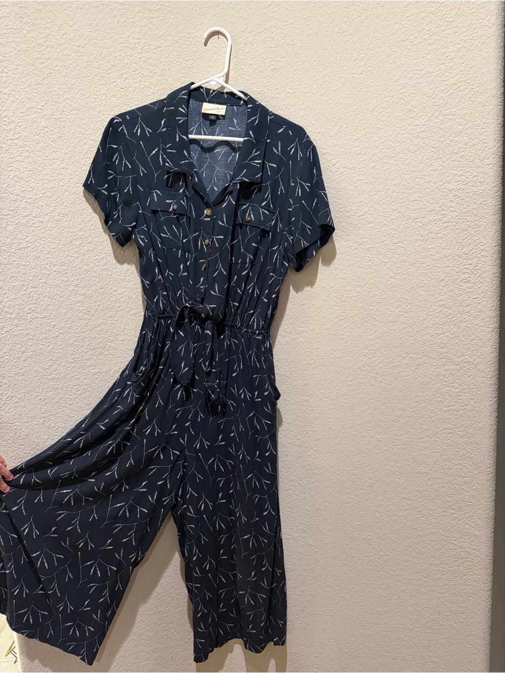Button-Front Navy Printed Shirt jumpsuit with Tie Waist